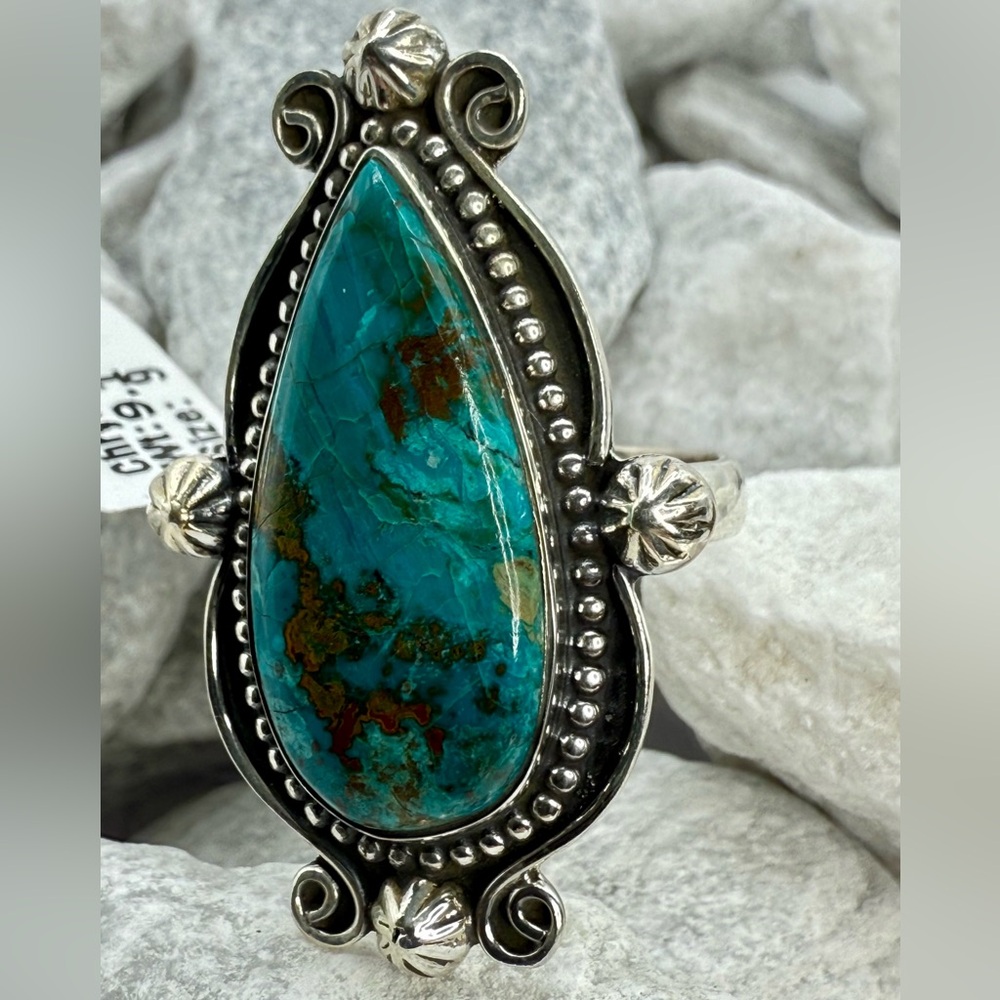 NWT Sterling Silver Chrysocolla Teardrop Ring Size 9 Artisan Statement 9.1g